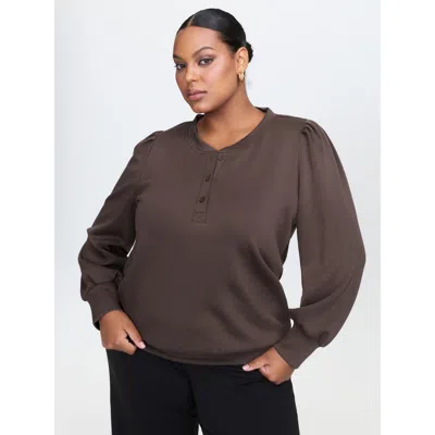 Bloomchic Women's Plus Size Supersoft Half Placket Puffy Sleeve Sweatshirt Darkbrown Office 12/l In Brown