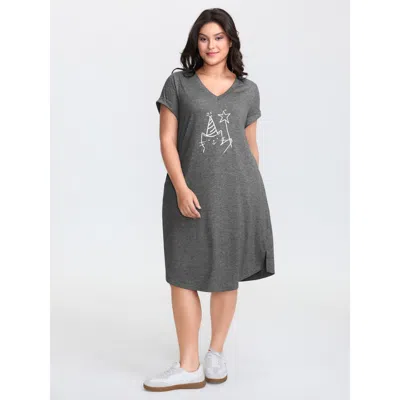Bloomchic Women's Plus Size Supersoft Happy Cat Motif V-neck Mini Dress Dimgray Solid Midi Casual Non 10/m