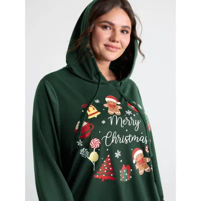 Bloomchic Women's Plus Size Supersoft Happy Holidays Hoodie Darkgreen Graphic-christmas Casual Hooded Neck 12/ In Green