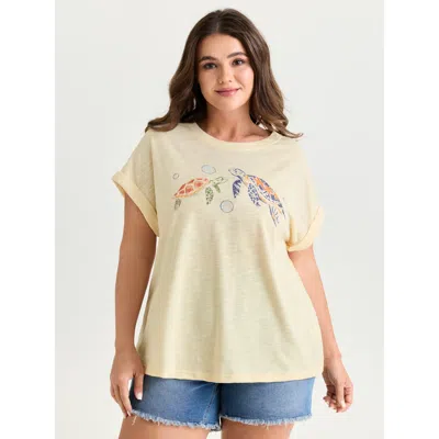 Bloomchic Women's Plus Size Supersoft Happy Turtle Print T-shirt Ivory Solid Casual Short Sleeve Round Neck 10 In White