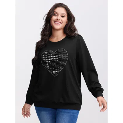 Bloomchic Women's Plus Size Supersoft Heart Cut-out Embroidery Sweatshirt Black Casual 12/l