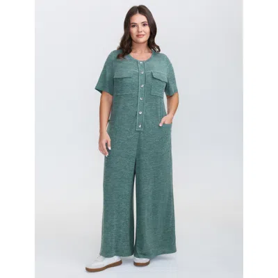 Bloomchic Women's Plus Size Supersoft Heather Button Placket Jumpsuit Teal Casual Relaxed Fit 10/m In Blue