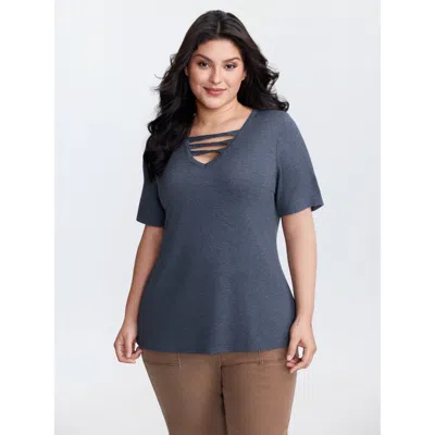 Bloomchic Women's Plus Size Supersoft Heather Cut-out Neckline T-shirt Darkblue Non Casual Short Sleeve 12/l In Blue