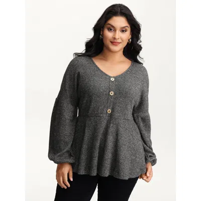 Bloomchic Women's Plus Size Supersoft Heather Stretchy Button Detail Knit Top Dimgray Long Sleeve Casual V-nec