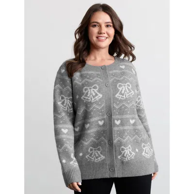Bloomchic Women's Plus Size Supersoft Holiday Bells Jacquard Button Knit Cardigan Mediumgray Long Sleeve 18-20