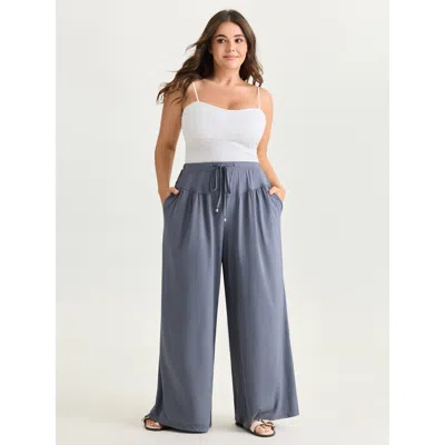 Bloomchic Women's Plus Size Supersoft Inclusive Wide Waistband Pants Lightblue Solid Wide Leg Mid Rise Casual  In Blue