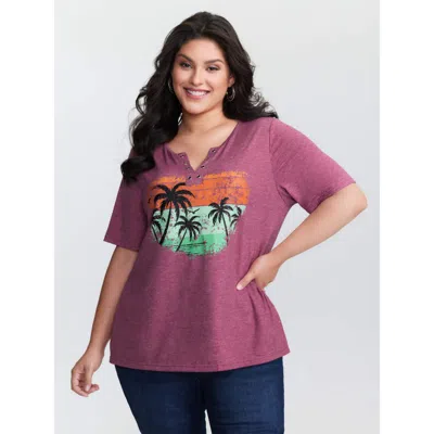 Bloomchic Women's Plus Size Supersoft Island Pattern Button Placket T-shirt Beanpastepowder Non Casual Short S