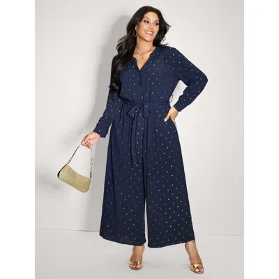 Bloomchic Women's Plus Size Supersoft Jacquard Dots Belted Jumpsuit Indigo Party 22-24/3x In Purple