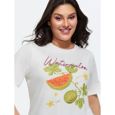 Bloomchic Women's Plus Size Supersoft Juicy Watermelon Embroidered Round Neck T-shirt Whitesmoke Solid Casual 