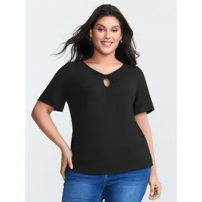 Bloomchic Women's Plus Size Supersoft Keyhole Neckline Drawstring T-shirt Black Non Casual Short Sleeve 10/m