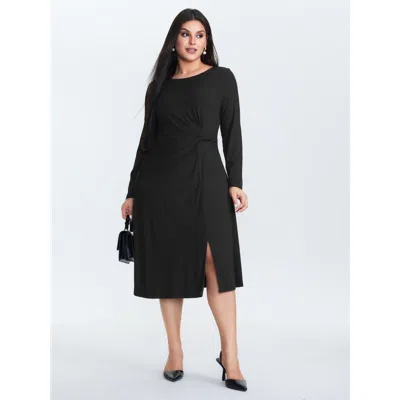 Bloomchic Women's Plus Size Supersoft Knotted Side Slit Midi Dress Black Office Midi Twist Round Neck 18-20/2x