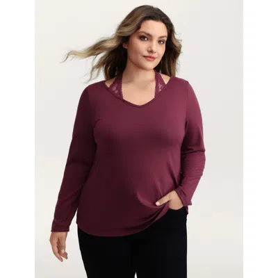 Bloomchic Women's Plus Size Supersoft Lace Halter Neck T-shirt Burgundy Non Casual Long Sleeve 18-20/2x