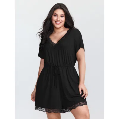 Bloomchic Women's Plus Size Supersoft Lace Neckline Pajama Romper Pureblack Tunic 18-20/2x
