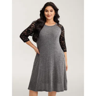 Bloomchic Women's Plus Size Supersoft Lace Sleeve Cinched-waist Midi Dress Dimgray Non Short Elegant See Throu