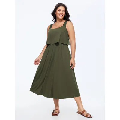 Bloomchic Women's Plus Size Supersoft Lace Straps Layered Midi Dress Armygreen Solid Tunic Casual Lace Trim 10