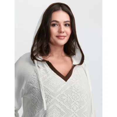 Bloomchic Women's Plus Size Supersoft Lace Trim Colorblock Hoodie Ivory Casual 10/m In White