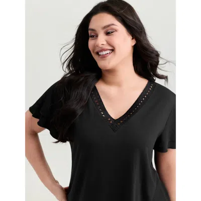 Bloomchic Women's Plus Size Supersoft Lace Trim Layered Sleeve T-shirt Black Non Casual Cap Sleeve 14-16/1x