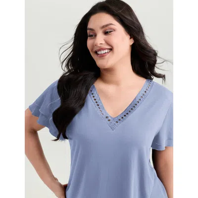 Bloomchic Women's Plus Size Supersoft Lace Trim Layered Sleeve T-shirt Lightblue Non Casual Cap Sleeve 10/m In Blue
