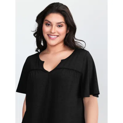 Bloomchic Women's Plus Size Supersoft Lace Trim Neckline Knit Top Black Short Sleeve Casual 12/l