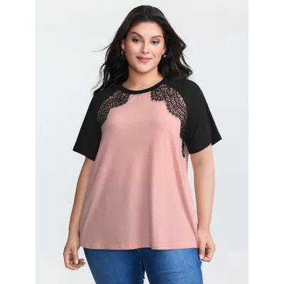 Bloomchic Women's Plus Size Supersoft Lace Trim Raglan Sleeve Color Contrast T-shirt Crepe Non Casual Short Sl