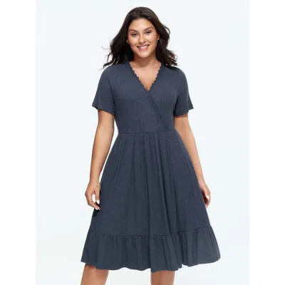 Bloomchic Women's Plus Size Supersoft Lace Trim Ribbed Wrap Neckline Midi Dress Darkblue Solid Knee Length Cas In Blue