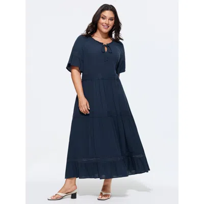 Bloomchic Women's Plus Size Supersoft Lace Trim Ruffled Sleeve Maxi Dress Midnight Solid Maxi Casual Lace Trim In Blue