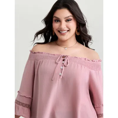 Bloomchic Women's Plus Size Supersoft Lace Trim Shirred Off-shoulder Blouse Rouge Non Vacation 3/4 Sleeve 28/5 In Red