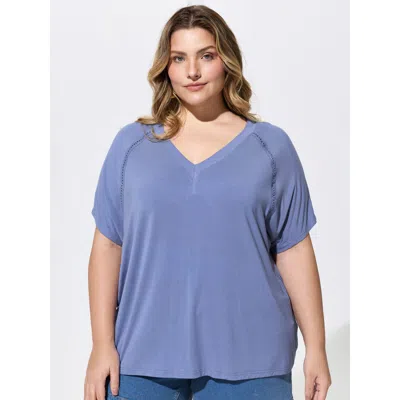 Bloomchic Women's Plus Size Supersoft Lace Trim Shoulder Raglan Sleeve T-shirt Bluepurple Solid Vacation Short In Purple