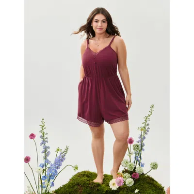 Bloomchic Women's Plus Size Supersoft Lace Trim Sleeveless Pajama Romper Deeppurplered Solid Deep V-neck Pajam