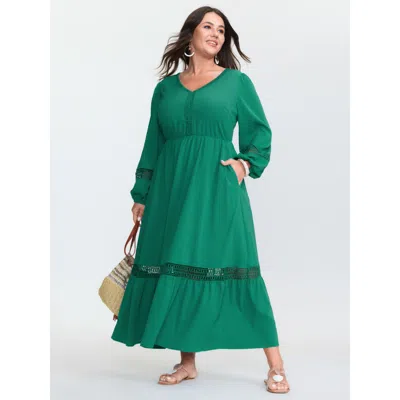 Bloomchic Women's Plus Size Supersoft Lace Trim Tiered Maxi Dress Emerald Non Maxi Vacation 12/l In Green