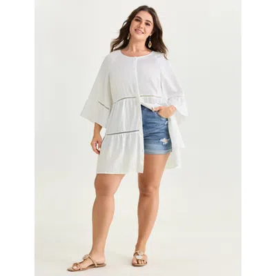 Bloomchic Women's Plus Size Supersoft Lace Trim Tiered Plain Open-front Shirt Originalwhite Vacation 3/4 Sleev