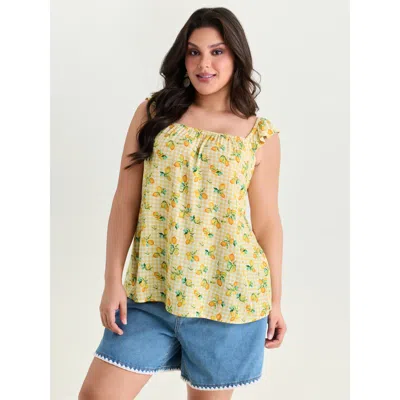 Bloomchic Women's Plus Size Supersoft Lemon Print Ruffled Sleeve Tank Top Lemonyellow Vacation A-line Square N