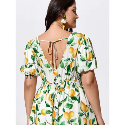 Bloomchic Women's Plus Size Supersoft Lemon Print Shirred Waist Mini Dress Whitesmoke Fruit Knee Length Vacati