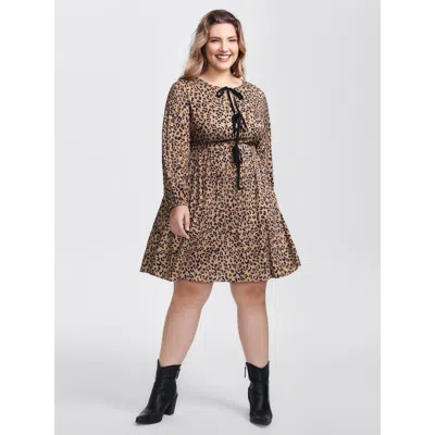 Bloomchic Women's Plus Size Supersoft Leopard Print Knots Mini Dress Leopard Animal Motif Short Casual Tie Kno In Brown