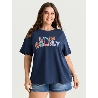 Bloomchic Women's Plus Size Supersoft Live Boldly Round Neck T-shirt Darkblue Solid Casual Short Sleeve Round  In Blue