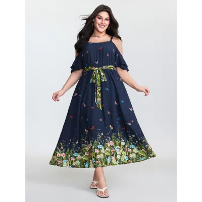 Bloomchic Women's Plus Size Supersoft Meadow Print Waist-tie Maxi Dress Indigo Floral Maxi Vacation Belted 10/ In Purple