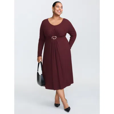 Bloomchic Women's Plus Size Supersoft Metal Buckle Gathered Waist Midi Dress Burgundy Solid Midi Office Ruched