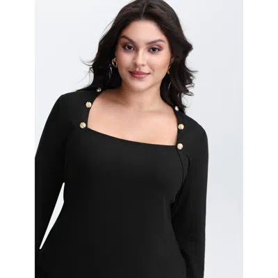 Bloomchic Women's Plus Size Supersoft Metallic Button Solid Knit Top Black Long Sleeve Elegant 18-20/2x