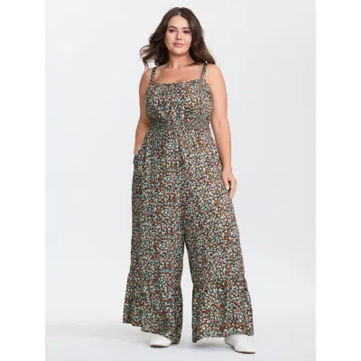 Bloomchic Women's Plus Size Supersoft Micro-floral Print Ruffled Jumpsuit Browncoffeecolor Casual Relaxed Fit 
