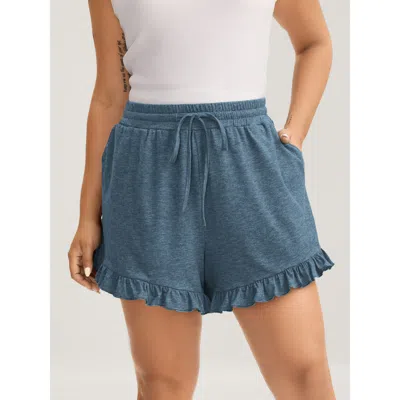 Bloomchic Women's Plus Size Supersoft Mixed Color Knit Drawstring Ruffled Shorts Aegean Casual Wide Leg Ruffle In Blue