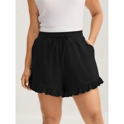 Bloomchic Women's Plus Size Supersoft Mixed Color Knit Drawstring Ruffled Shorts Black Casual Wide Leg Ruffles
