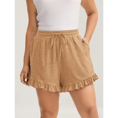 Bloomchic Women's Plus Size Supersoft Mixed Color Knit Drawstring Ruffled Shorts Bronze Casual Wide Leg Ruffle In Brown