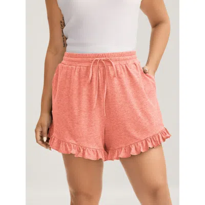 Bloomchic Women's Plus Size Supersoft Mixed Color Knit Drawstring Ruffled Shorts Coral Casual Wide Leg Ruffles In Orange