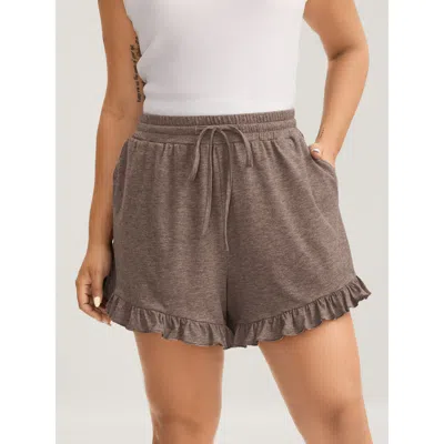 Bloomchic Women's Plus Size Supersoft Mixed Color Knit Drawstring Ruffled Shorts Darkbrown Casual Wide Leg Ruf In Brown