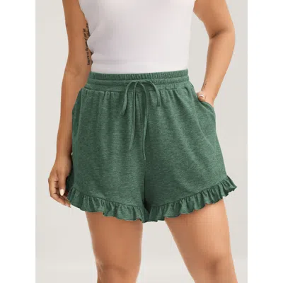 Bloomchic Women's Plus Size Supersoft Mixed Color Knit Drawstring Ruffled Shorts Darkslategray Casual Wide Leg