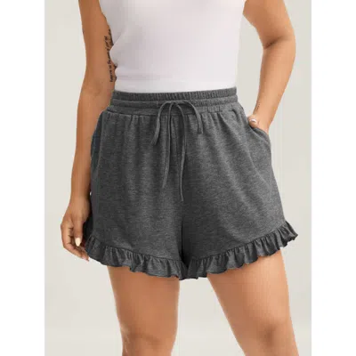 Bloomchic Women's Plus Size Supersoft Mixed Color Knit Drawstring Ruffled Shorts Dimgray Casual Wide Leg Ruffl