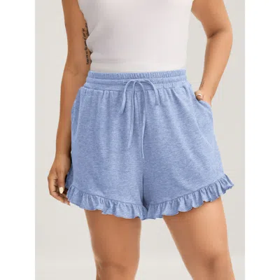 Bloomchic Women's Plus Size Supersoft Mixed Color Knit Drawstring Ruffled Shorts Lightblue Casual Wide Leg Ruf In Blue