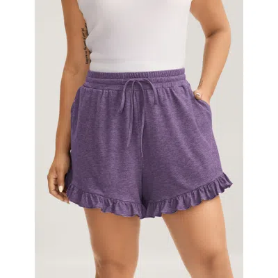 Bloomchic Women's Plus Size Supersoft Mixed Color Knit Drawstring Ruffled Shorts Mauve Casual Wide Leg Ruffles In Purple