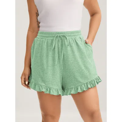 Bloomchic Women's Plus Size Supersoft Mixed Color Knit Drawstring Ruffled Shorts Mint Casual Wide Leg Ruffles  In Green