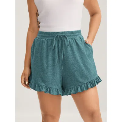 Bloomchic Women's Plus Size Supersoft Mixed Color Knit Drawstring Ruffled Shorts Teal Casual Wide Leg Ruffles  In Blue